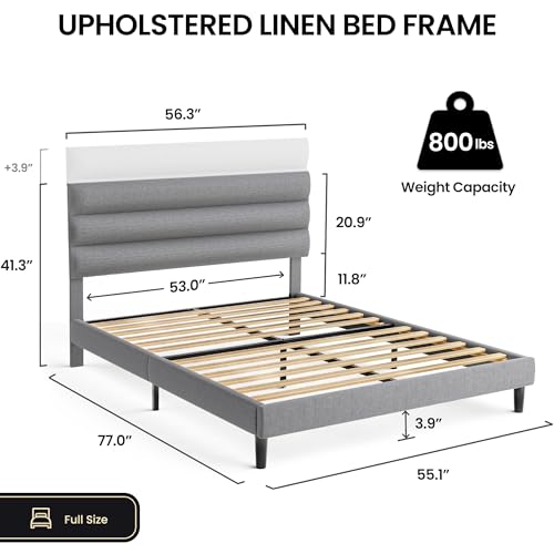 Full Size Bed Frame with Adjustable Linen Headboard, No Box Spring Needed, Dark Gray S1450