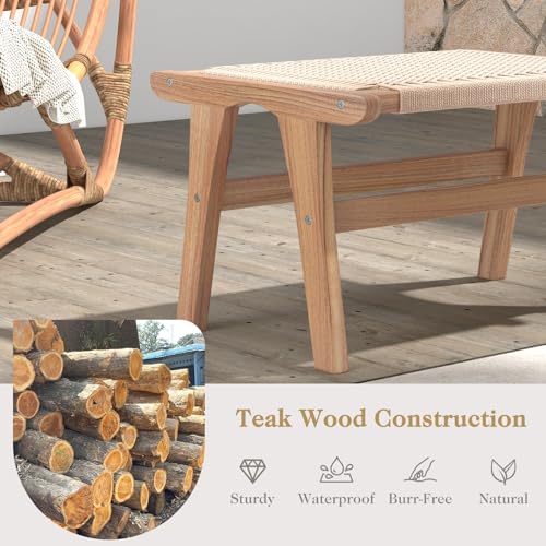 Teak Wood Ottoman Footstool with Braided Rope, 14" H B563