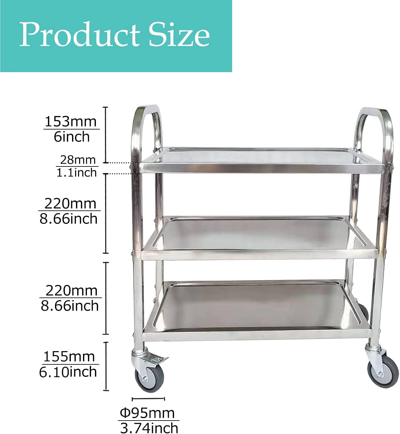 Stainless Steel 3-Tier Utility Cart with Locking Wheels H8460