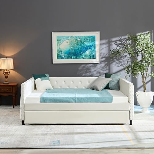 Velvet Upholstered Twin Daybed with Trundle, Beige Y9221