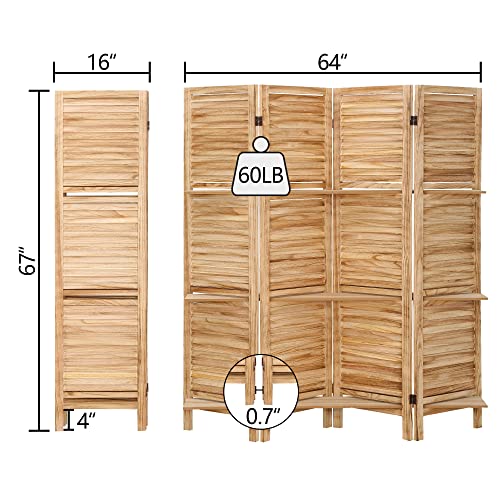 4 Panel Wooden Room Divider with Shelves, Freestanding Folding Privacy Screen B355