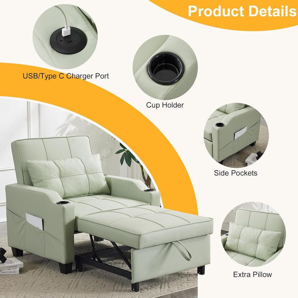 Sleeper Chair 3-in-1 Pull Out Sofa Bed Convertible Reading Chair with USB Ports, PU Leather Mint Green V733820