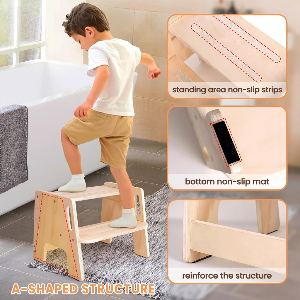 2 Pack Toddler Step Stool, Wooden Height-Adjustable, Potty Training with Handles P38580