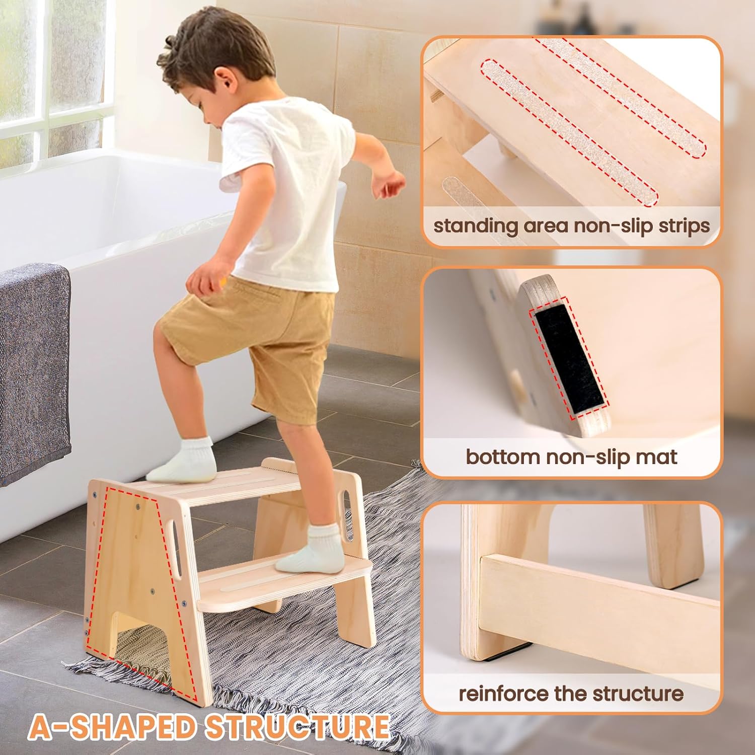 2 Pack Toddler Step Stool, Wooden Height-Adjustable, Potty Training with Handles P38580