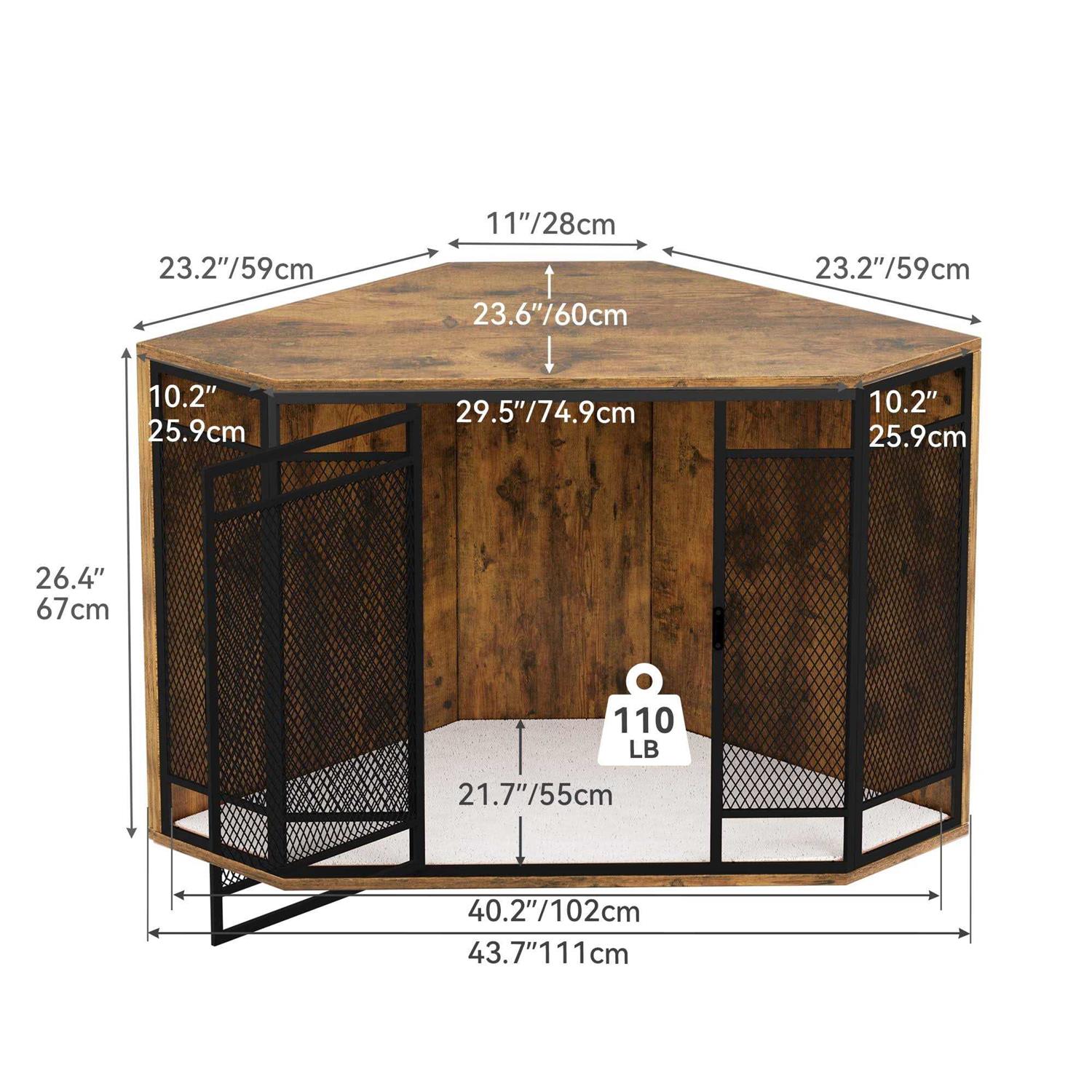 Corner Dog Crate Furniture, 43.7-inch Wooden Dog Kennel with Metal Mesh F719