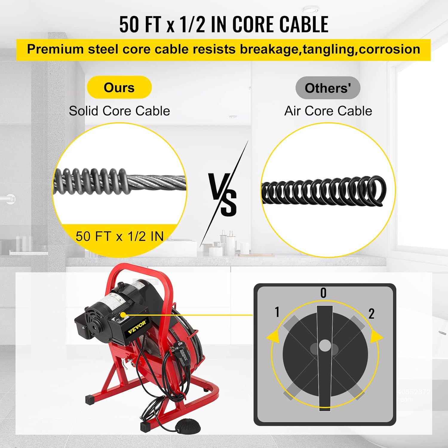 50 ft x 1/2 inch Drain Cleaner Machine for 1 to 4 Inch Pipes with 4 Cutters O730