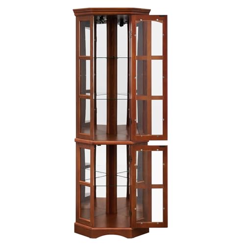 Corner Display Cabinet with 5 Shelves and Lighting, Tempered Glass Doors C105466