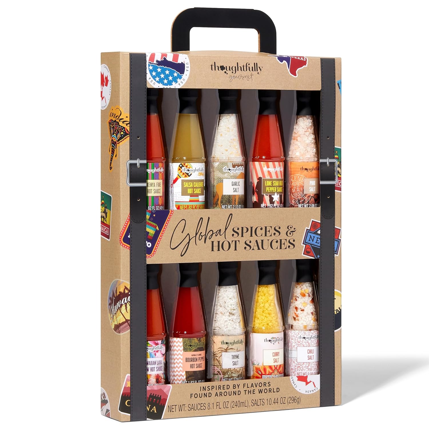 Gourmet Hot Sauce and Spice Gift Set, 5 Sauces and 5 Salts, Suitcase Packaging G675535