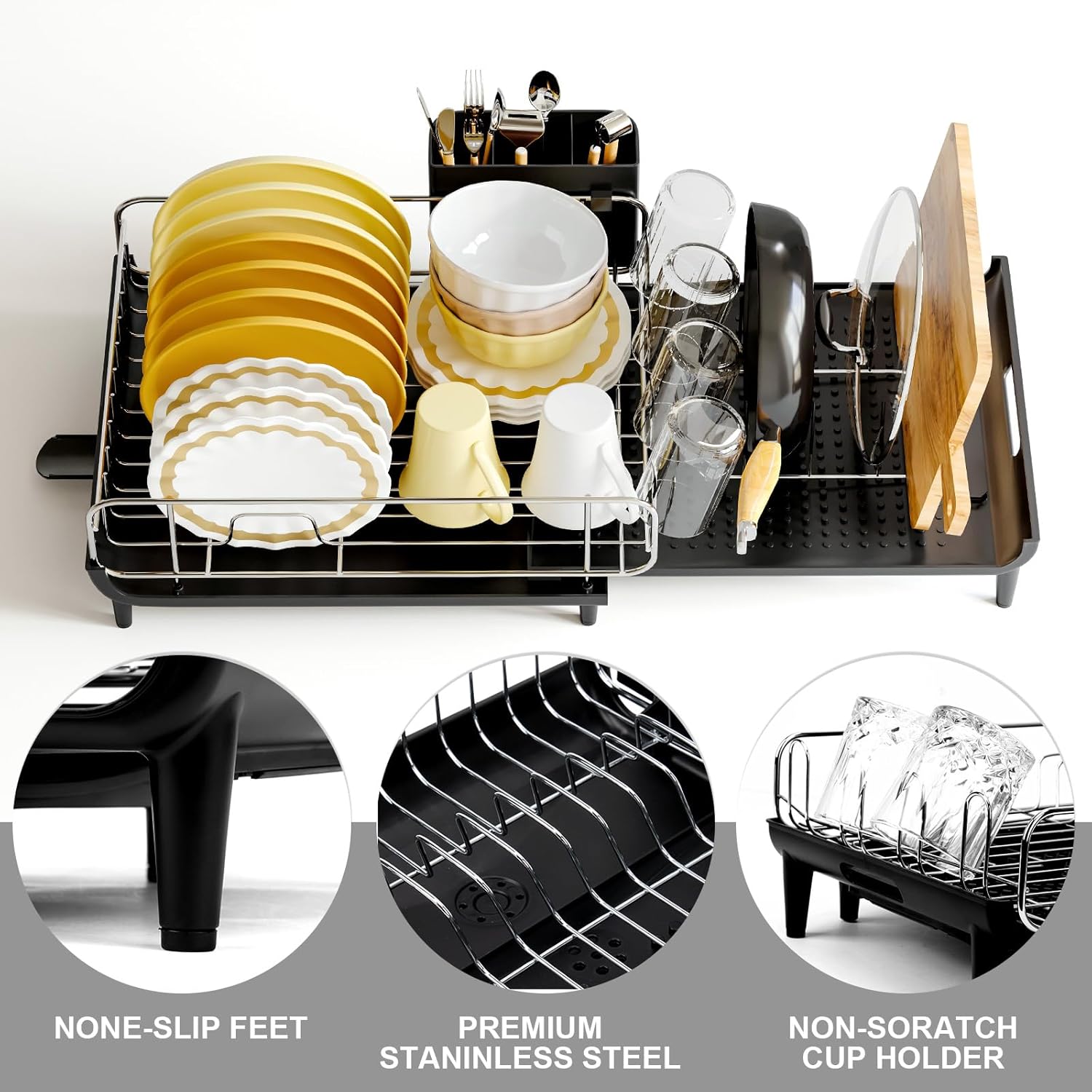 Large Dish Drying Rack, Expandable Stainless Steel with Utensil Holder & Drainboard Z2308