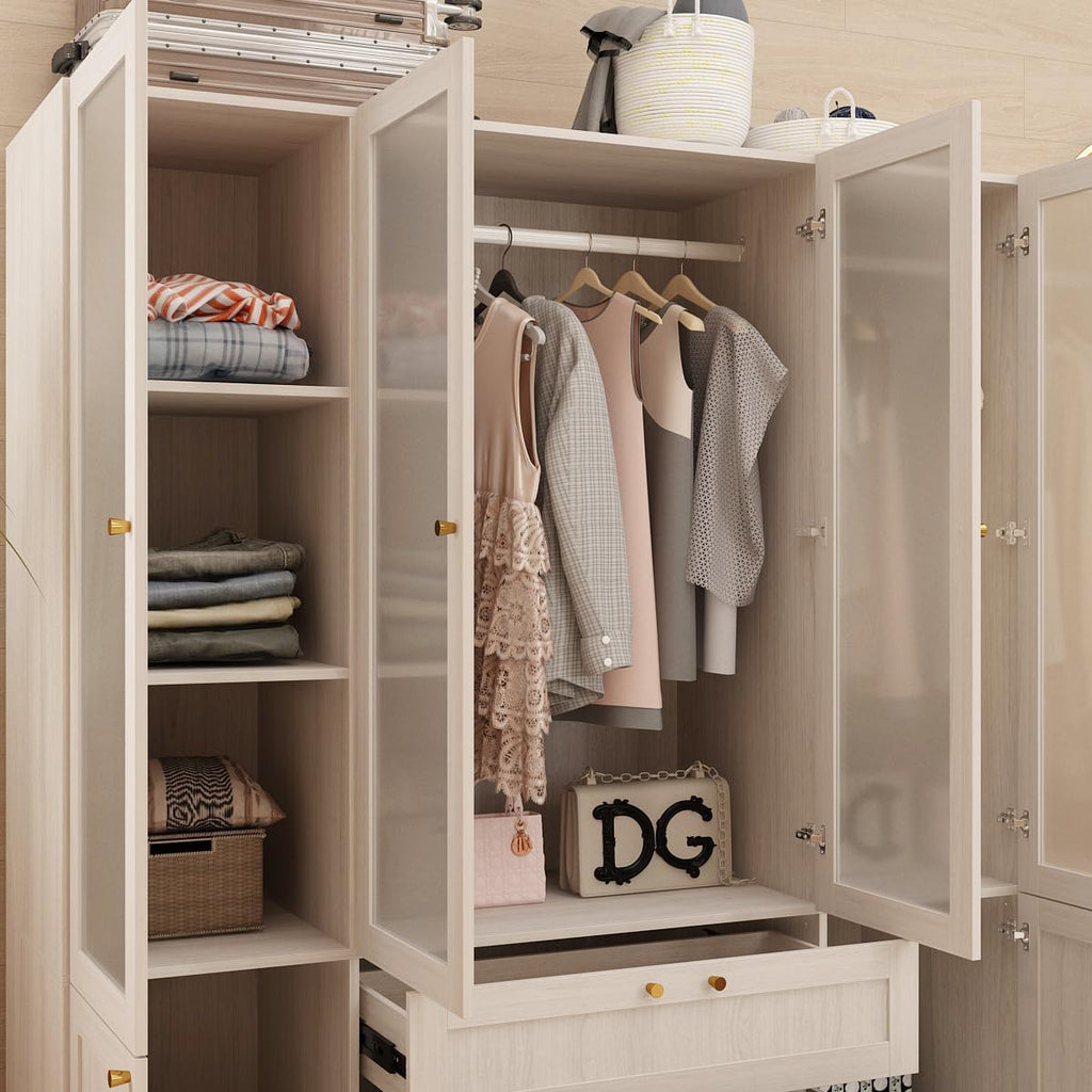 Armoire Wardrobe Closet with 4 Frosted Glass Doors, Hanging Bars, Shelves & Drawers O927454