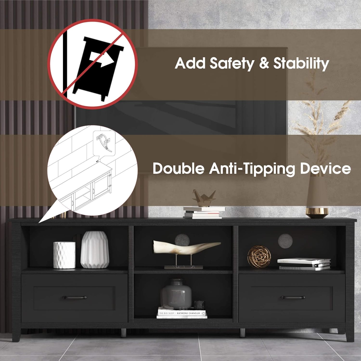 Black TV Stand for 55-80 inch TVs, Media Console with Drawers D649673