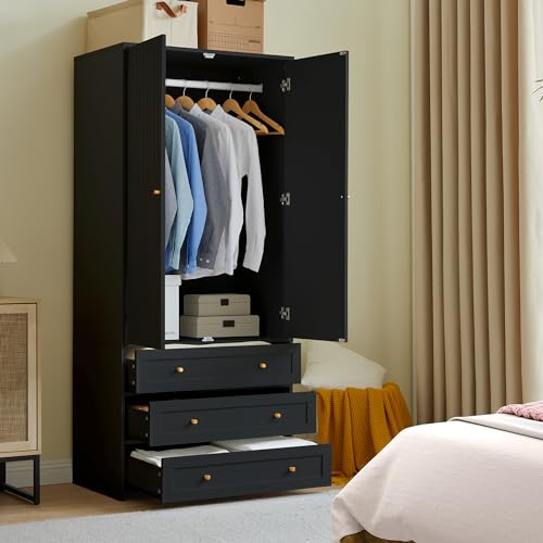 Wardrobe Armoire with 3 Drawers and 2 Doors, Freestanding Wooden Storage Cabinet for Bedroom H146302
