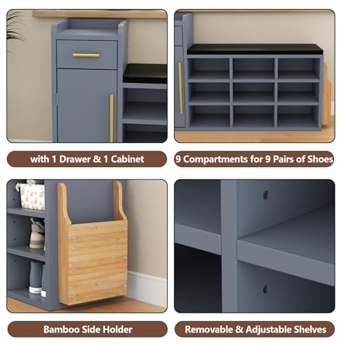 Shoe Storage Bench with 9 Cubbies, Cushion and Drawer Q3460