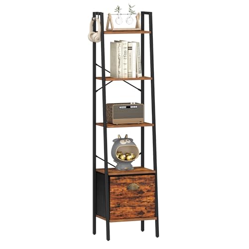 Narrow Bookshelf Bookcase with Drawer, Ladder Shelf with 2 Hooks, 4 Tier Rustic Brown J4949