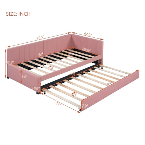 Upholstered Daybed with LED and Trundle, Teddy Fleece Sofa Bed for Kids, Bedroom, Dorm V2020