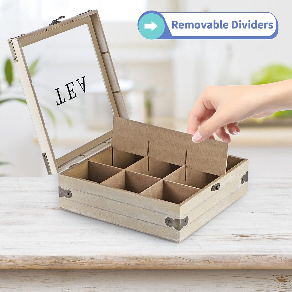 Tea Box Organizer with Glass Lid, 9 Compartments T7357