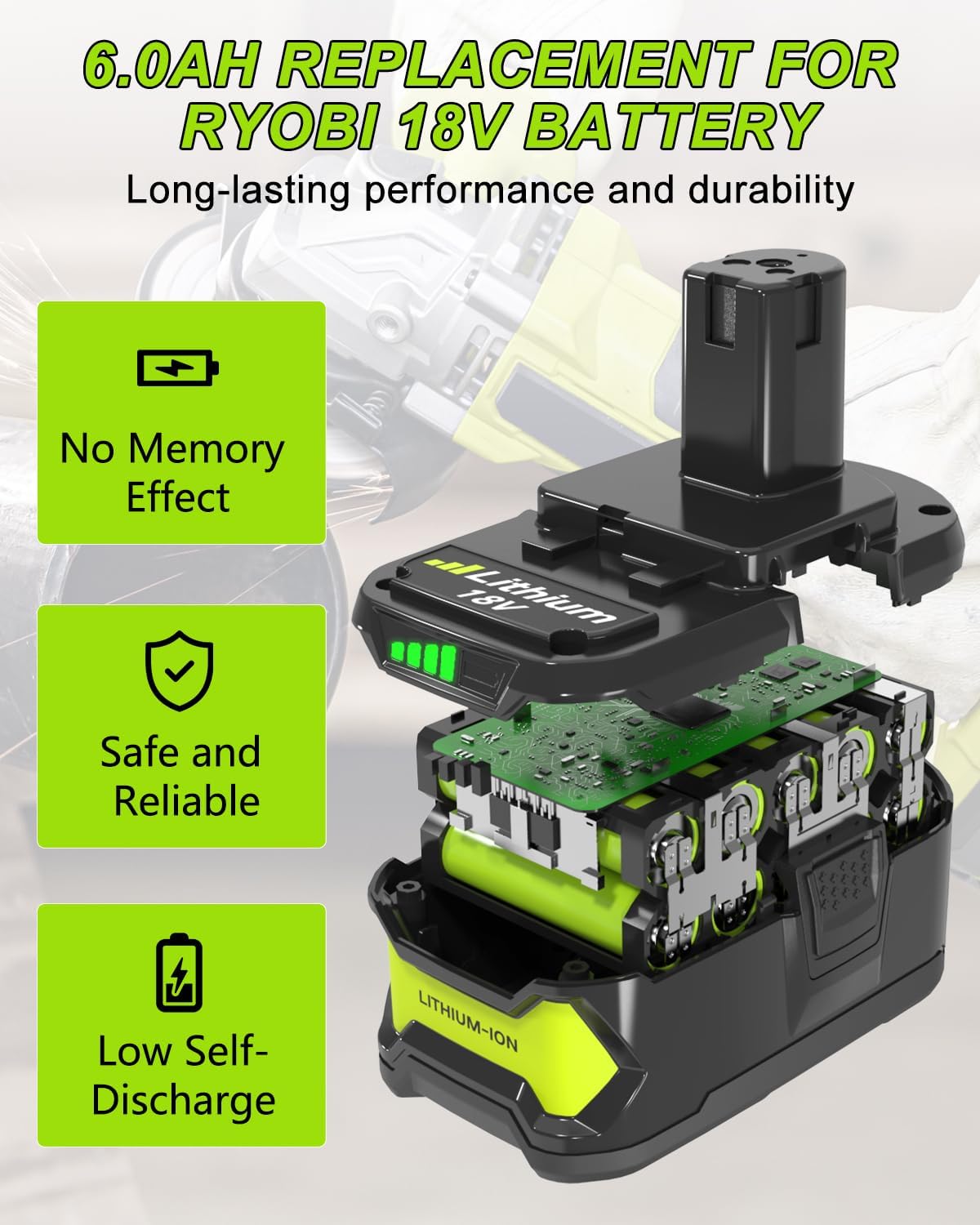 2Pack 6.0Ah 18V Lithium Battery and Charger Combo for Cordless Tools S4603