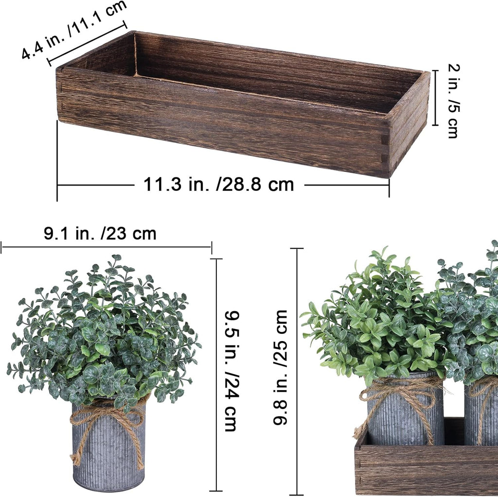 Set of 3 Mini Potted Faux Plants in Rustic Metal Pots with Wood Box I93224