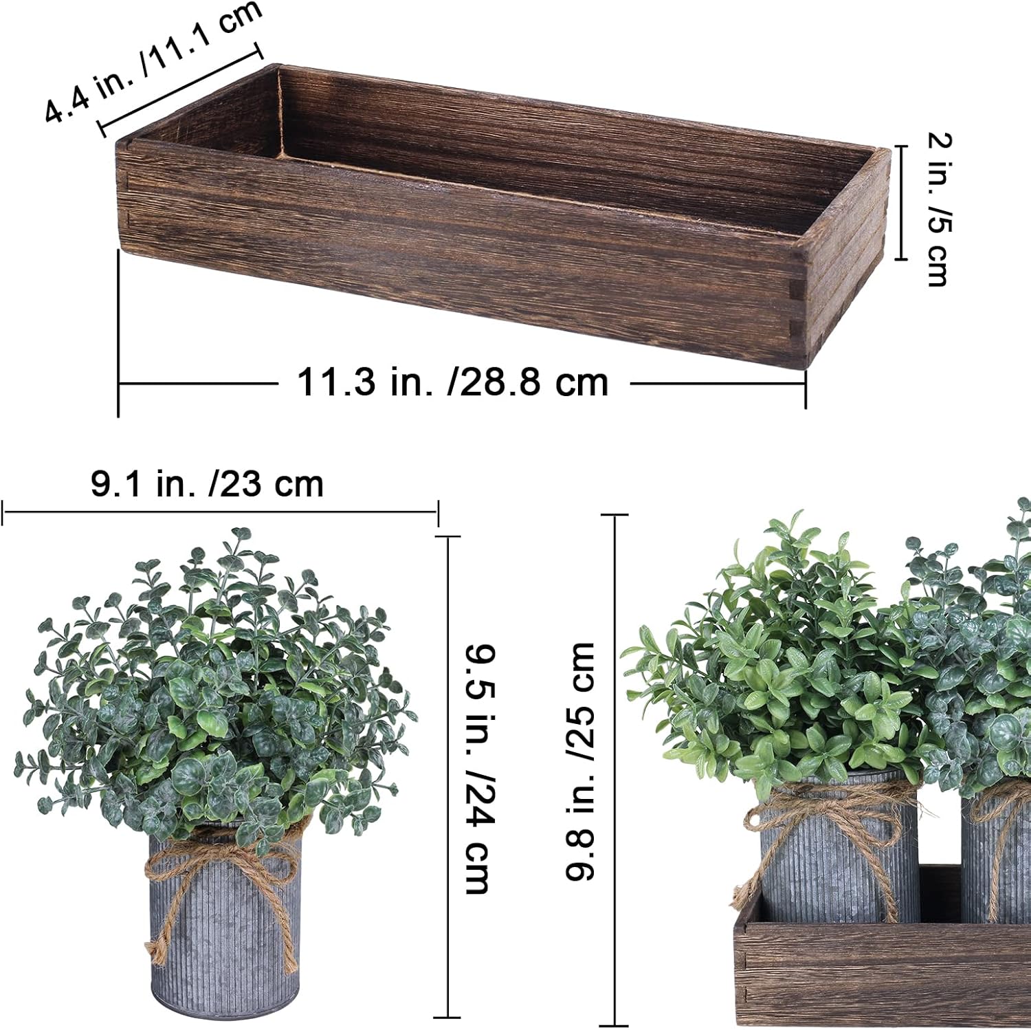 Set of 3 Mini Potted Faux Plants in Rustic Metal Pots with Wood Box I93224