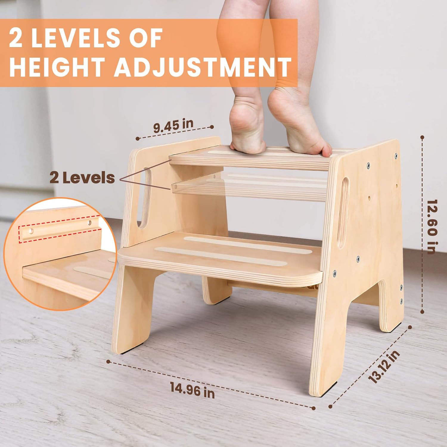 2 Pack Toddler Step Stool, Wooden Height-Adjustable, Potty Training with Handles P38580