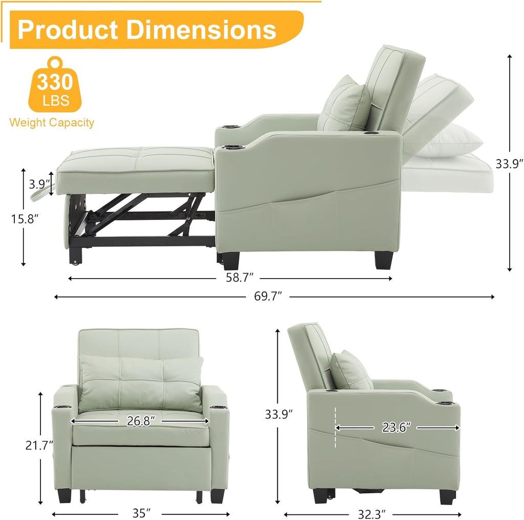 Sleeper Chair 3-in-1 Pull Out Sofa Bed Convertible Reading Chair with USB Ports, PU Leather Mint Green V733820
