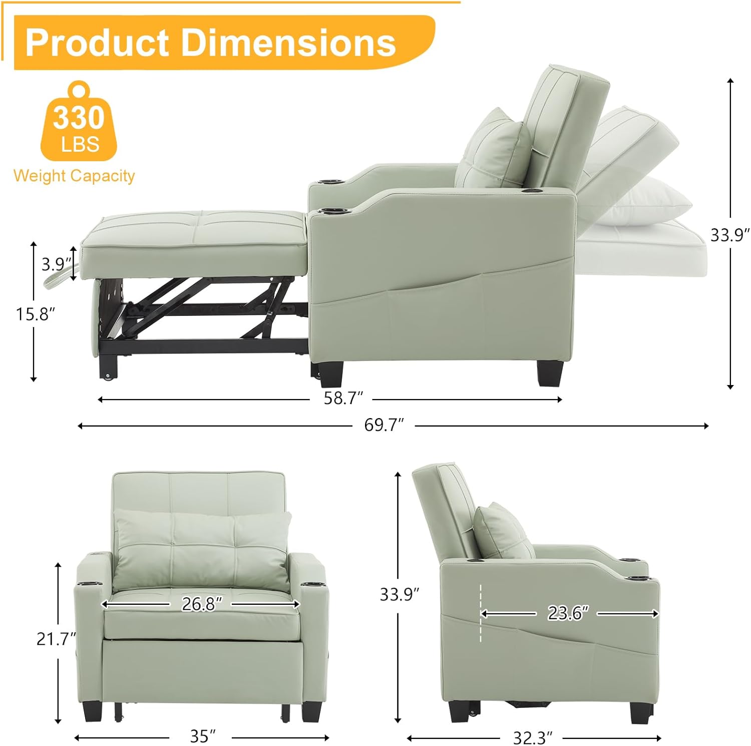 Sleeper Chair 3-in-1 Pull Out Sofa Bed Convertible Reading Chair with USB Ports, PU Leather Mint Green V733820