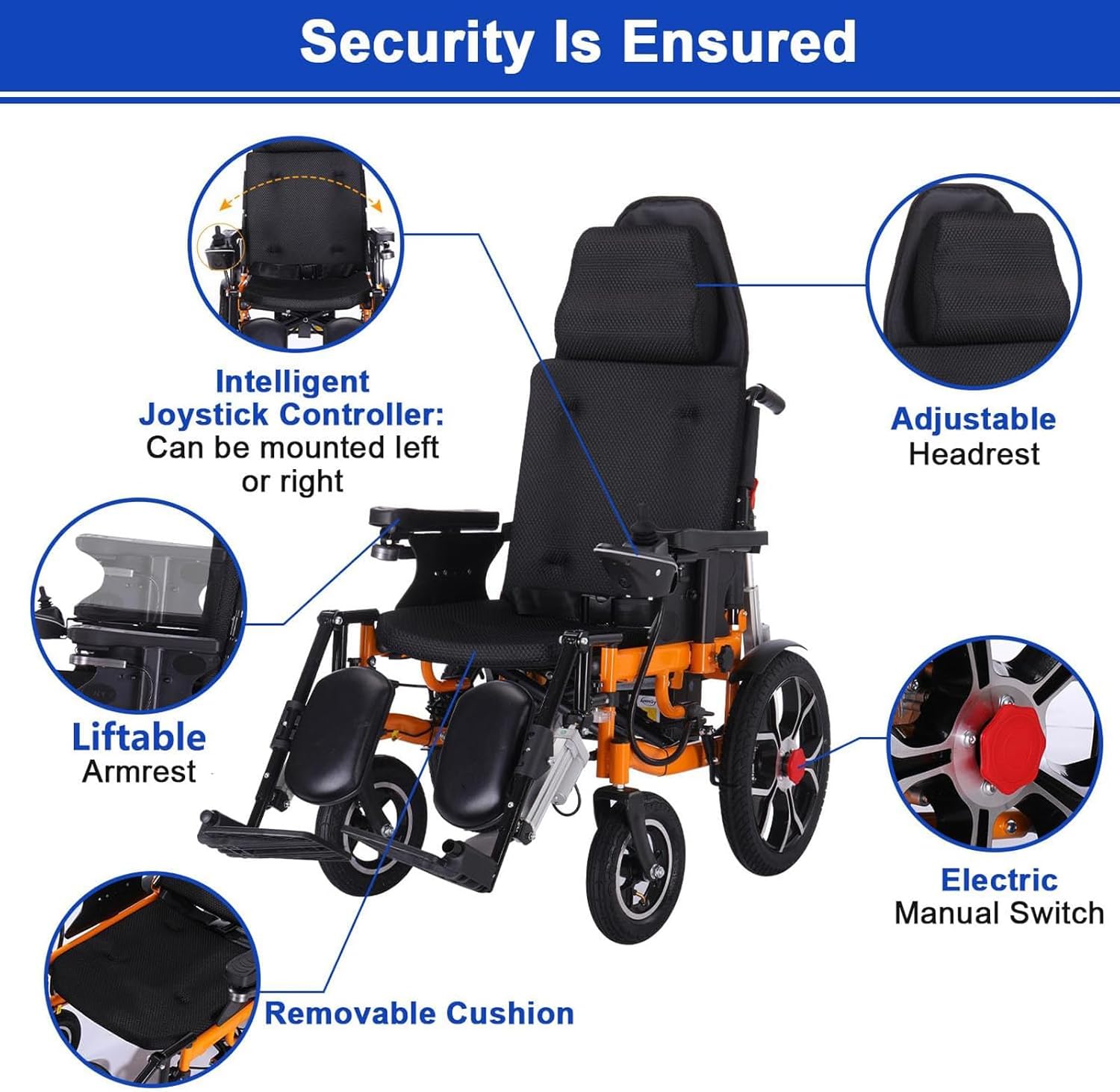 Reclining Foldable Electric Wheelchair for Adults, All Terrain, 500W Motor, 20 Mile Range K36117