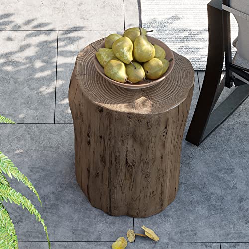 Rustic Stump Side Table, Light Grey Wood-Look Accent Stool D4547