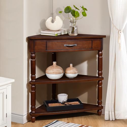 33.8'' Triangle Homes Collection Corner Table,Wood 3 Tier Corner End Small Corner Table with Solid Wood Legs Shelves for Living Room Small Space(Milk White)