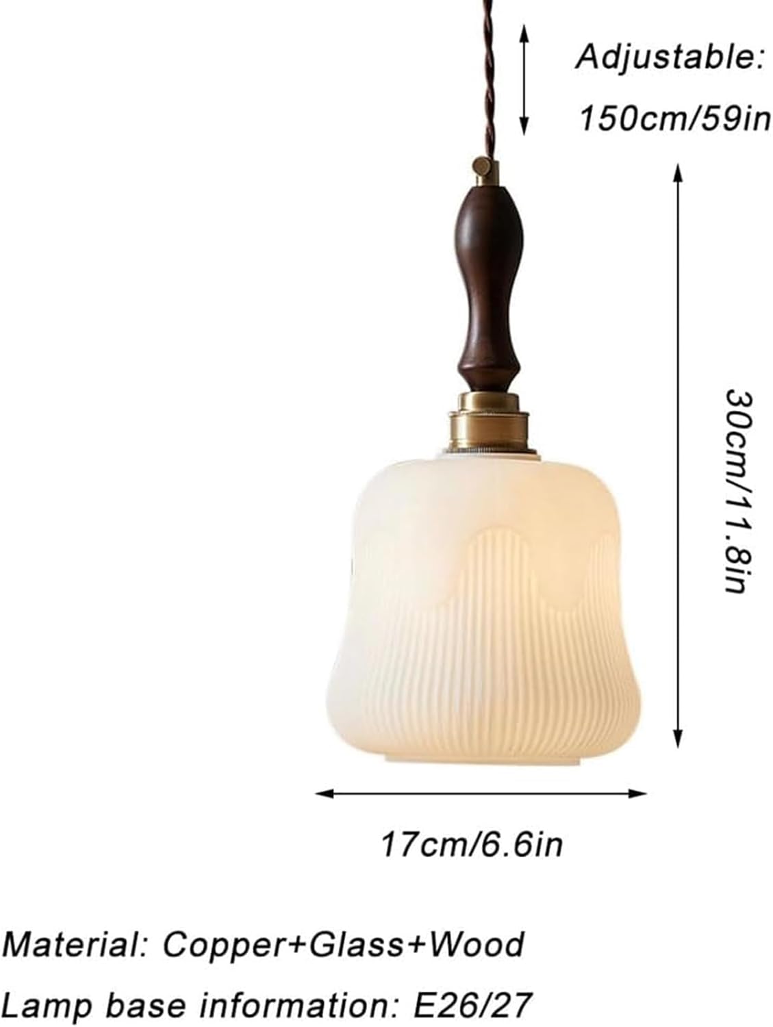 Hanging Light Fixture with Glass Shade, Brass Body, Adjustable Rope M912