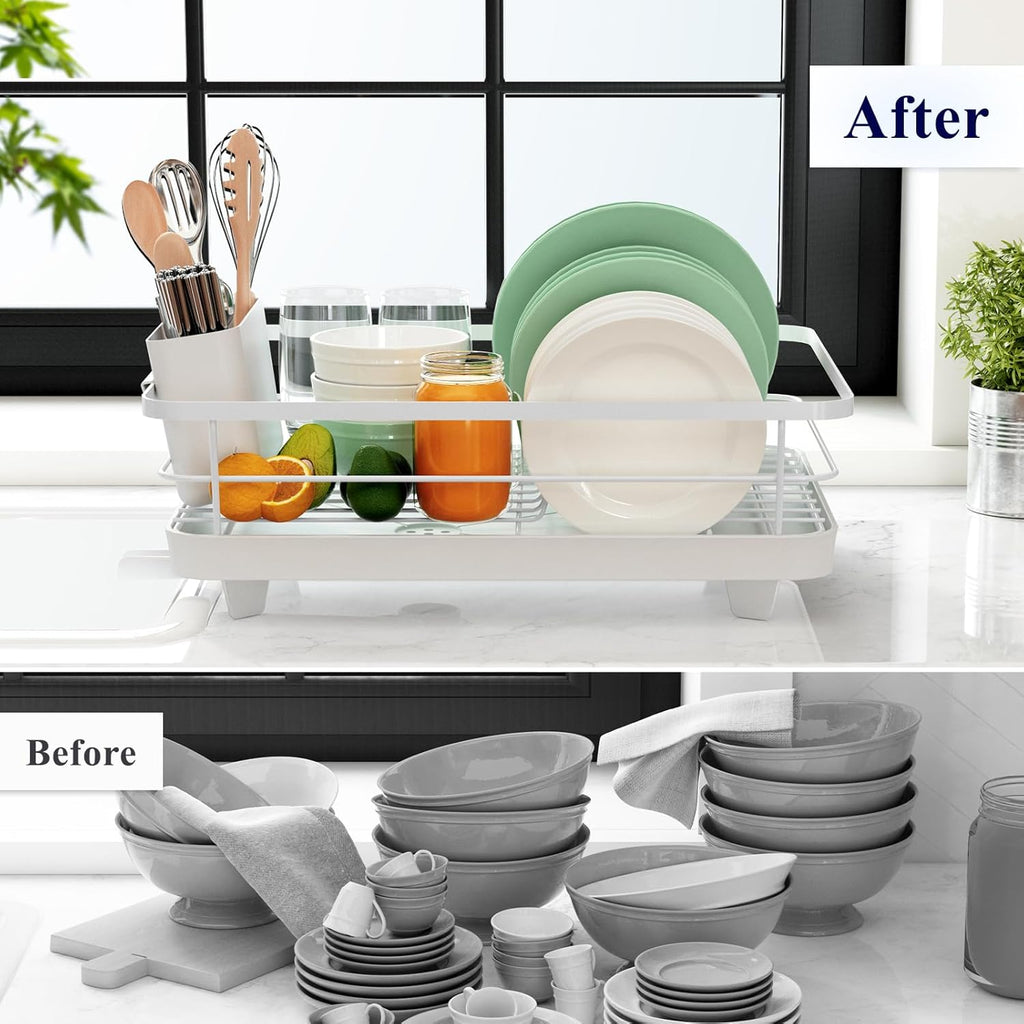 Dish Drying Rack for Kitchen Counter, Stainless Steel with Cutlery Holder, White D503