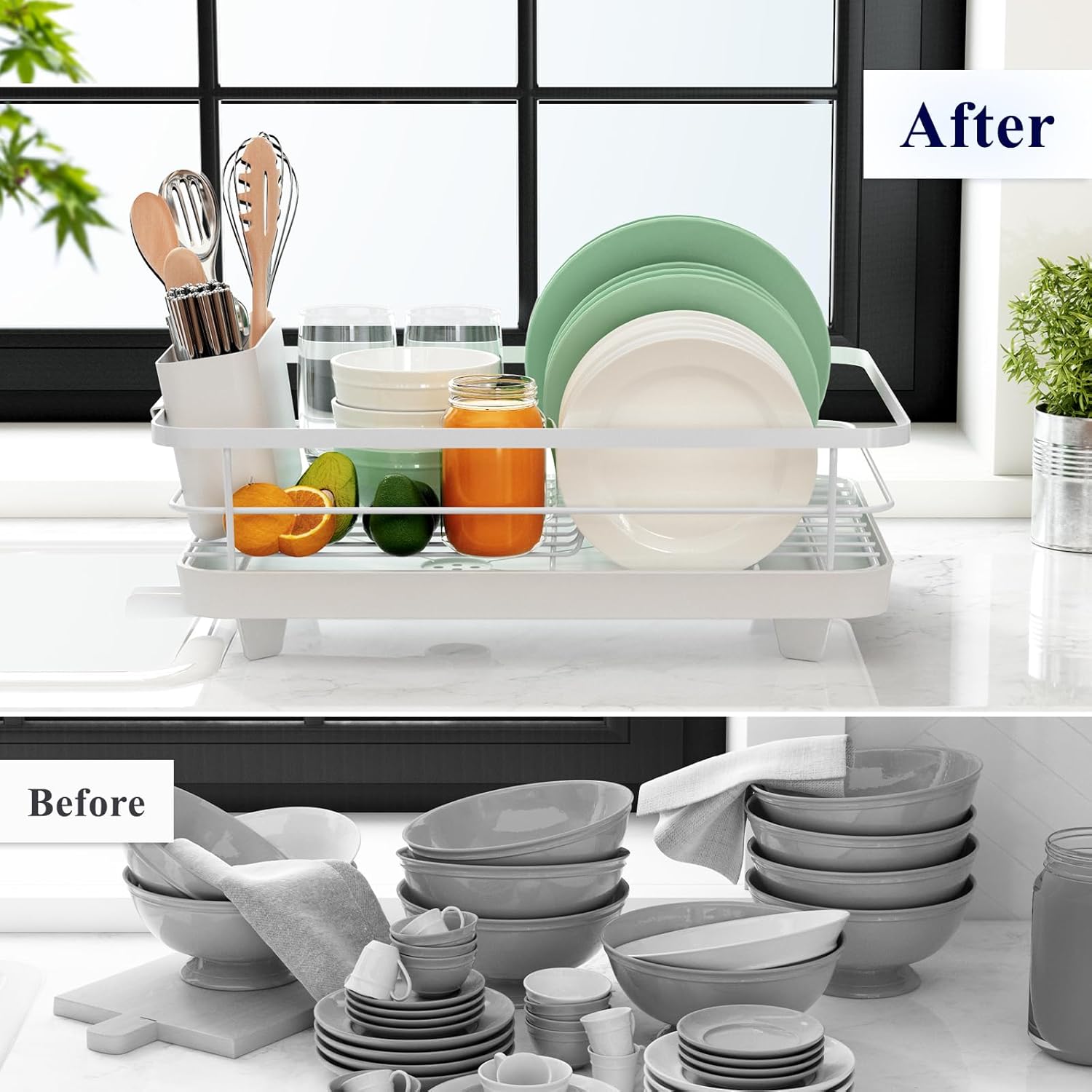 Dish Drying Rack for Kitchen Counter, Stainless Steel with Cutlery Holder, White D503