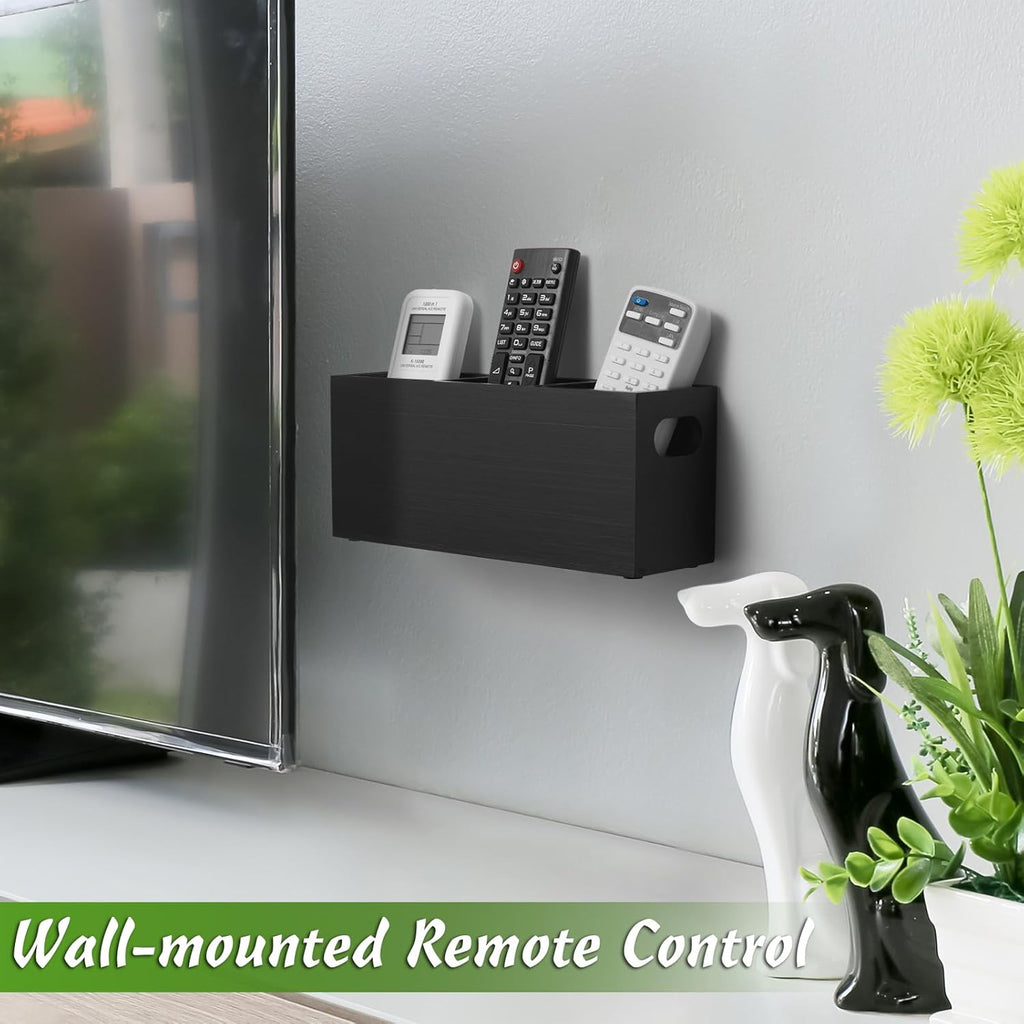 Wall Remote Control Holder with 3 Slots, Wooden, Black T27943