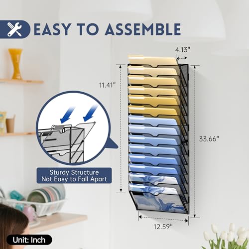 Wall File Organizer, 14 Tier Hanging Mail Organizer for Papers Folders, Wall Mounted, Black 2 Pack L441