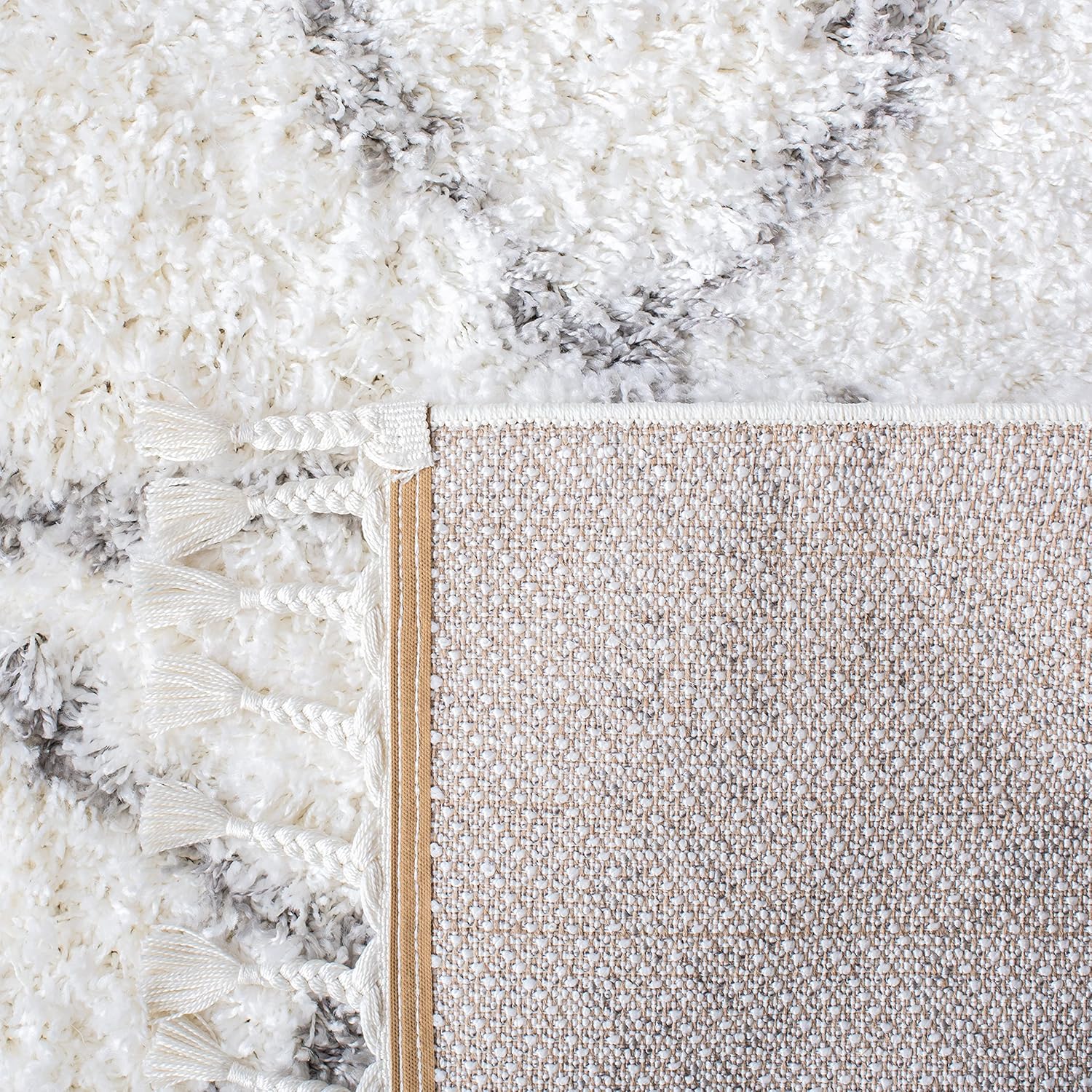Shag Area Rug - 9' x 12', Ivory & Grey, Boho Braided Design, Non-Shedding S51460