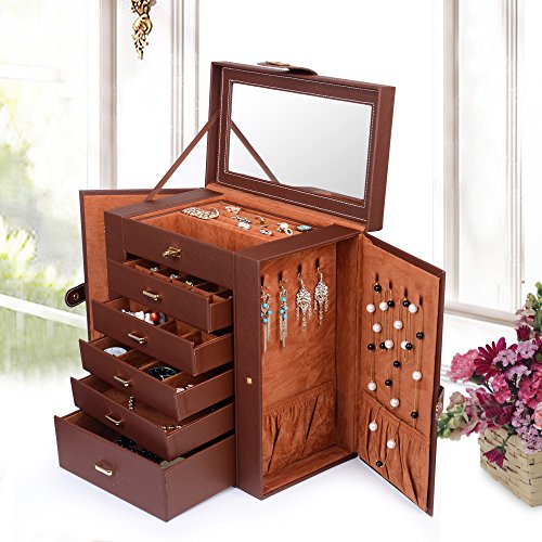 Extra Large Jewelry Box with Mirror, 6 Tier 5 Drawers Storage Organizer T242107