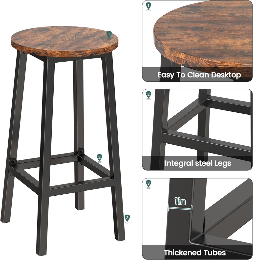 Bar Stools Set of 2 with Footrest, 25.6 Inch Tall, Rustic Brown and Black B43108