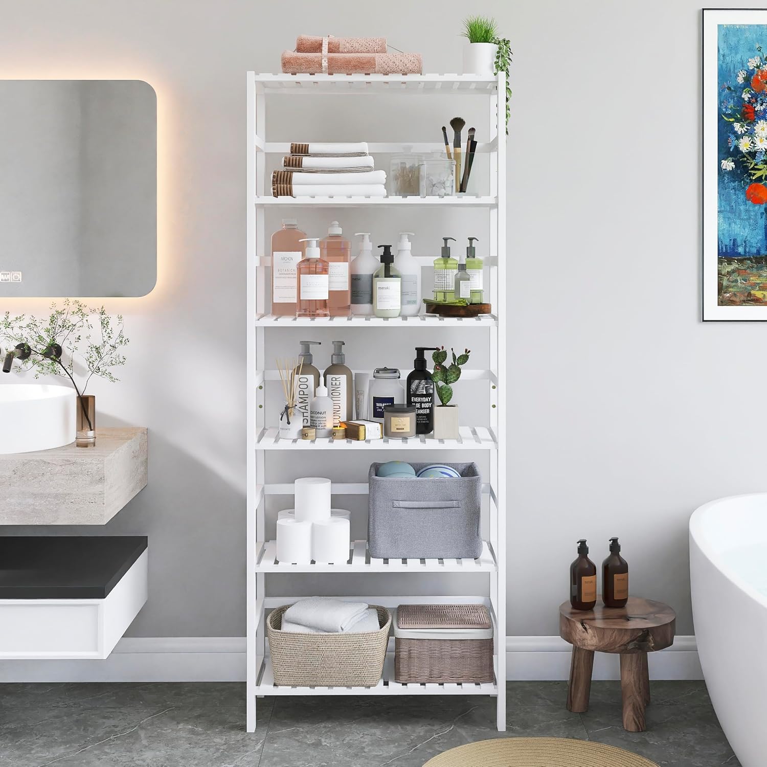 Bamboo Bookshelf Wall Cabinet with Adjustable Shelves and Hanging Hooks, White S151