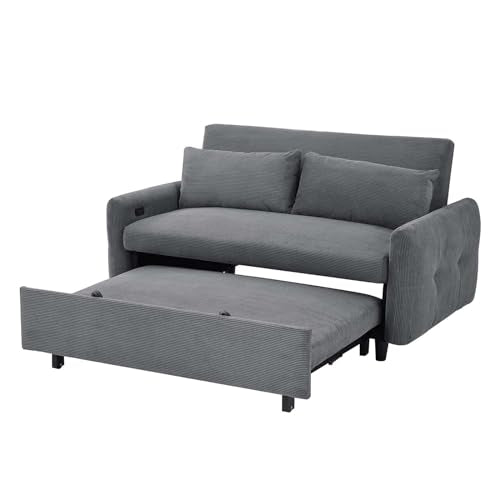 Sleeper Sofa Couch Bed with USB Ports, 57" Corduroy Convertible Futon, Grey S414699