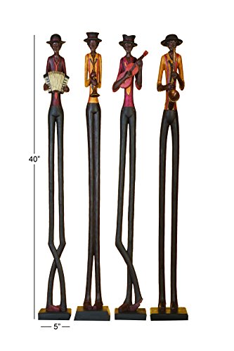 Polystone Musician Decorative Sculpture Tall Long Legged Jazz Band Home Decor Statues with Black Base Stand, Set of 4 Accent Figurines B370