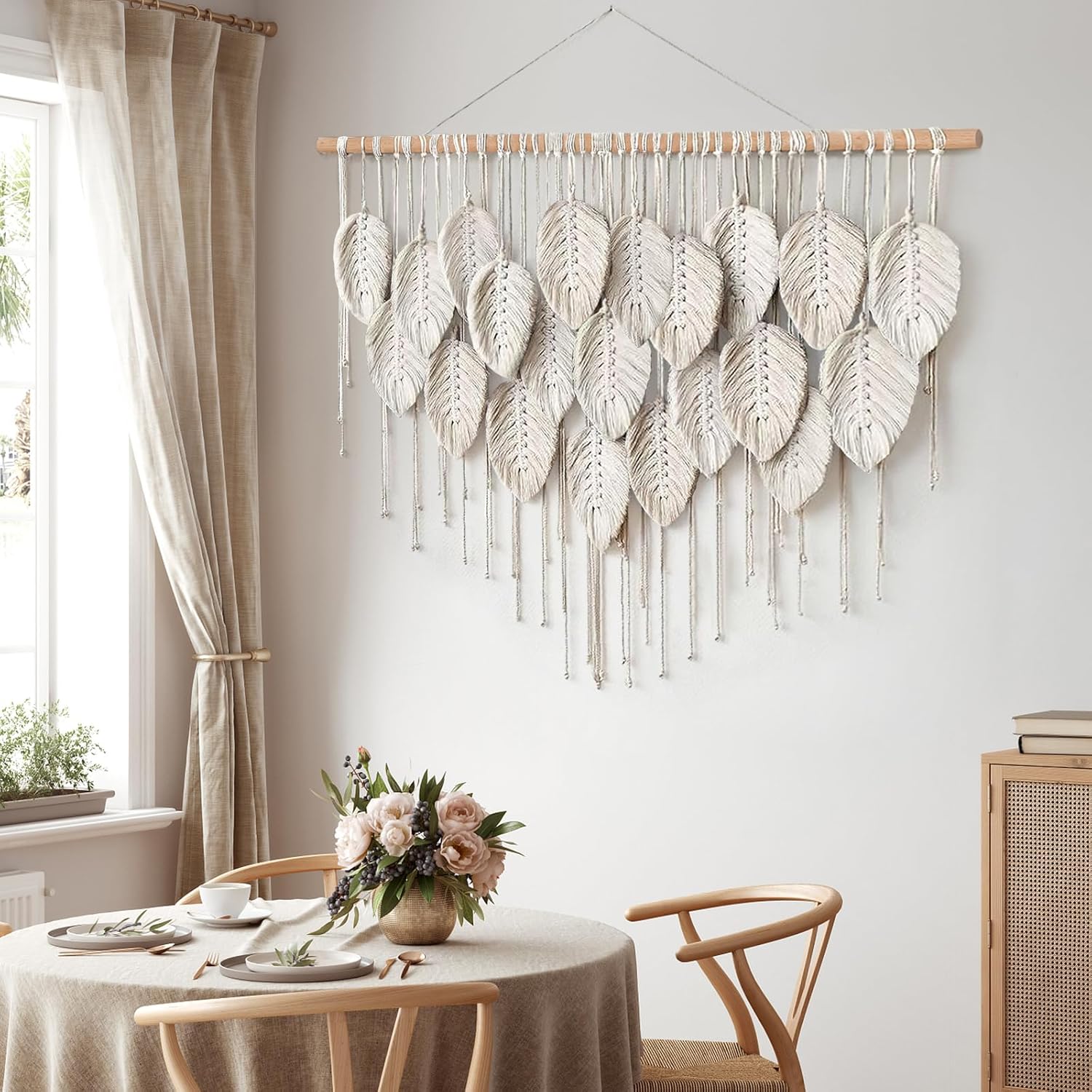Macrame Wall Hanging Boho Beige Leaves Tapestry Handmade Woven Wall Art X26303