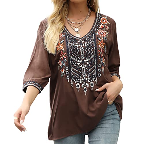 Women's Embroidered 3/4 Sleeve V Neck Peasant Tunic Blouse Q7436