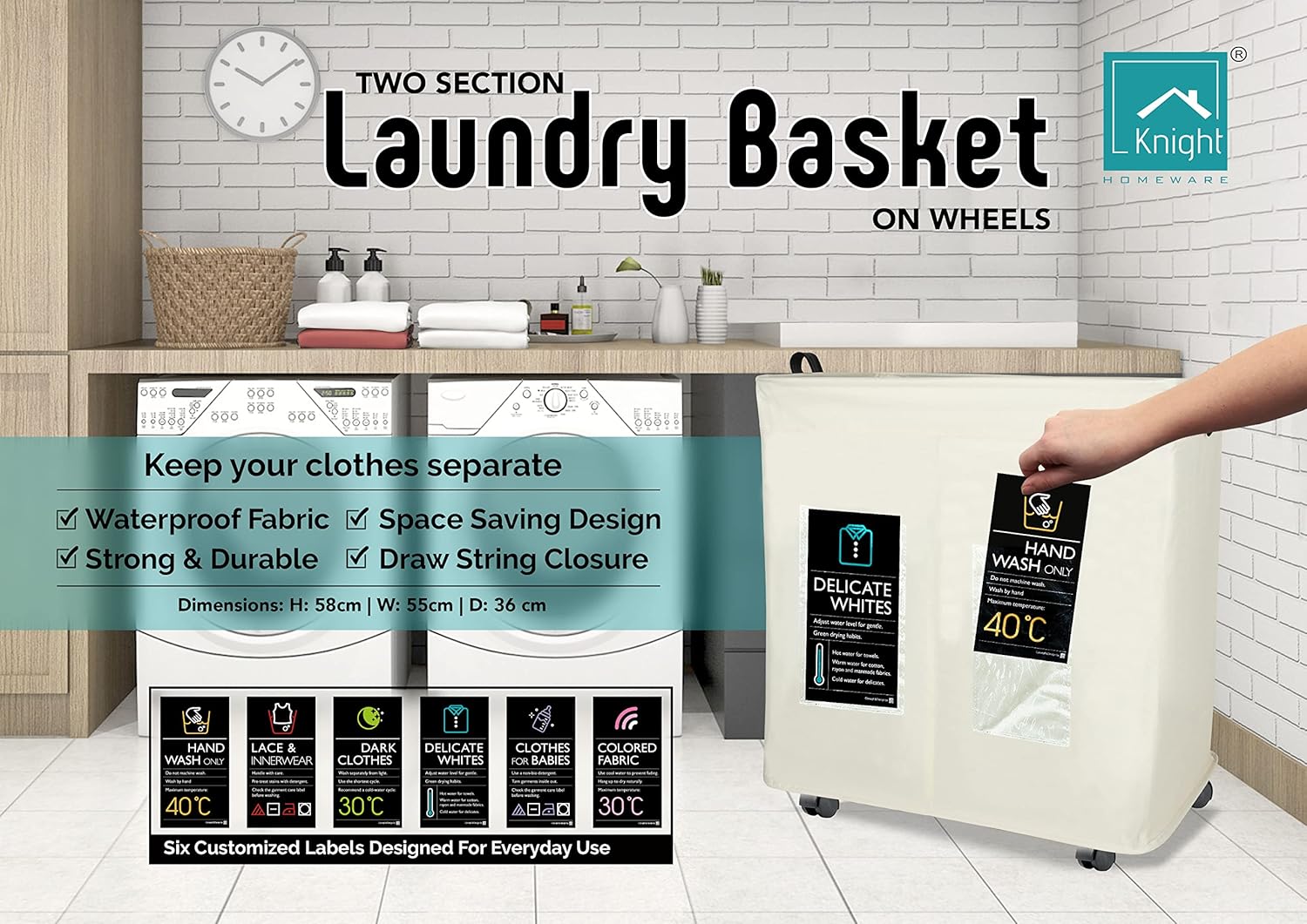 120L Collapsible Laundry Basket with Wheels, 2 Section, Mesh Cover X768805