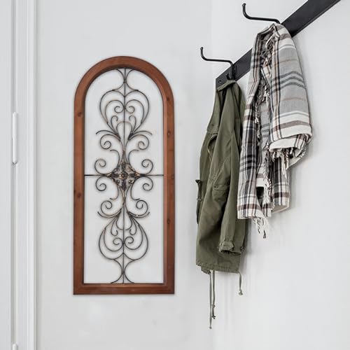 Vintage Metal Wall Art for Living Room, Handmade Distressed Wooden Wall Panels with Carved Wrought Iron M80042