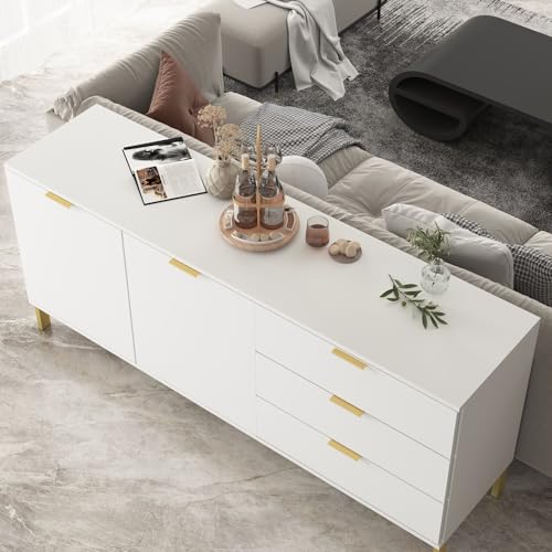Sideboard Storage Cabinet with Drawers and Doors, Gold Metal Frame Legs, White A499