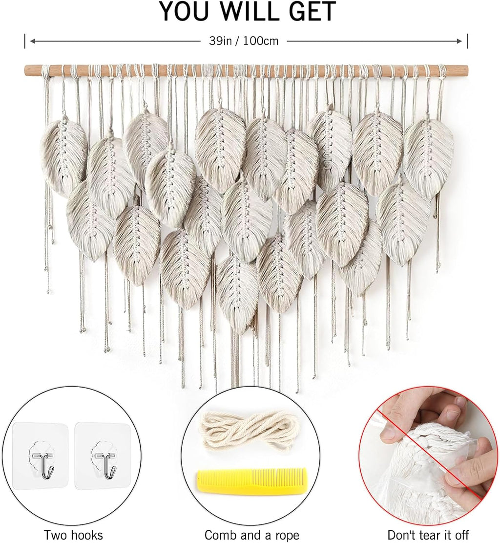 Macrame Wall Hanging Boho Beige Leaves Tapestry Handmade Woven Wall Art X26303