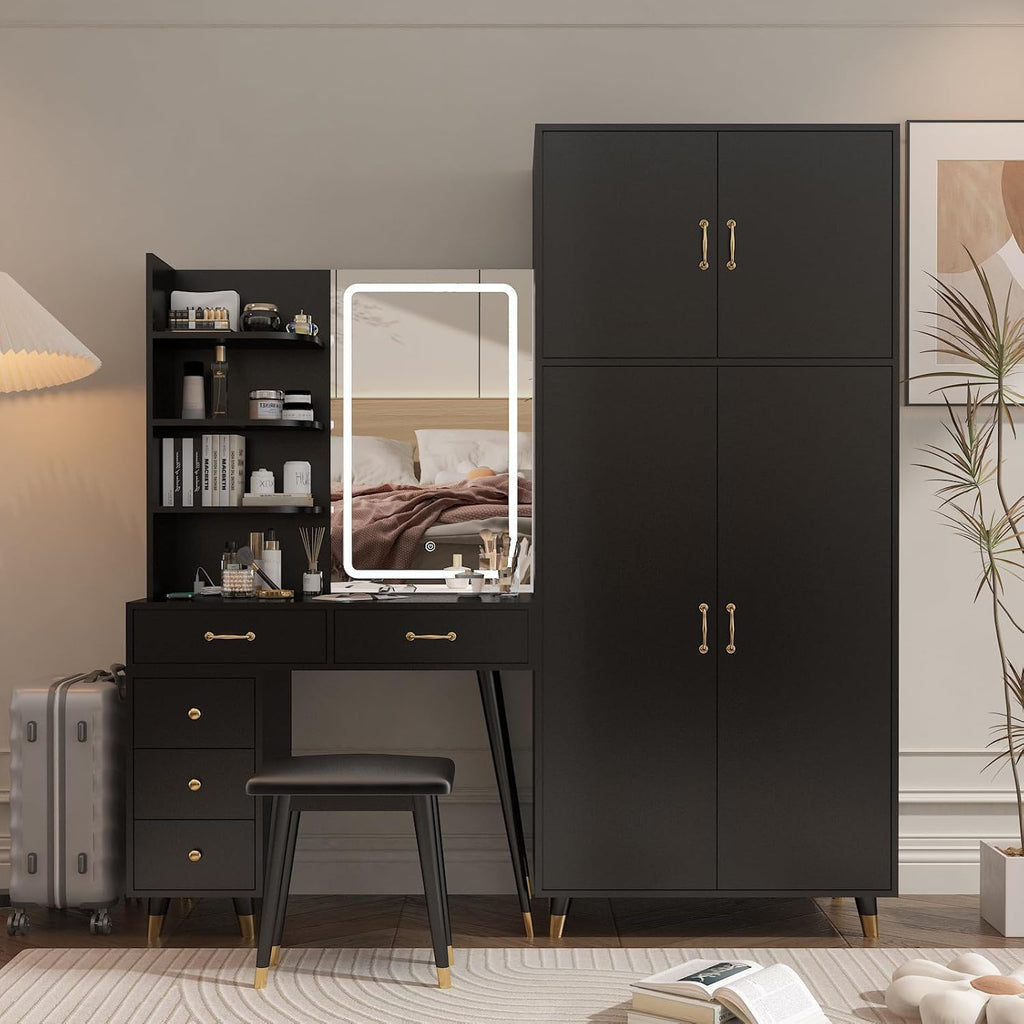 Vanity Desk with Mirror and Stool Set, Storage Cabinet N413234