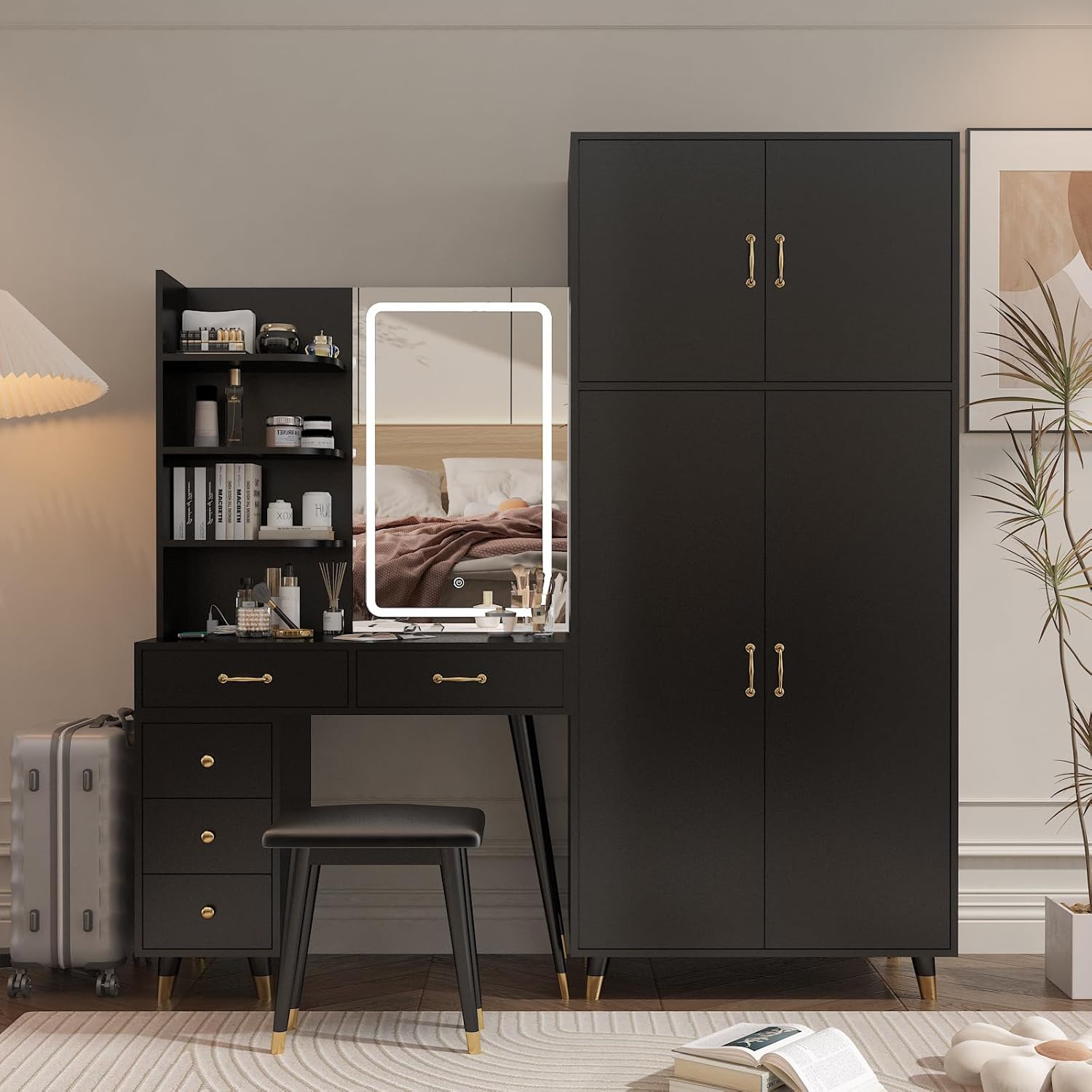 Vanity Desk with Mirror and Stool Set, Storage Cabinet N413234