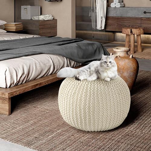 Knitted Ottoman Pouf Cover, 100% Cotton Round Foot Stool, Navy Blue E40008