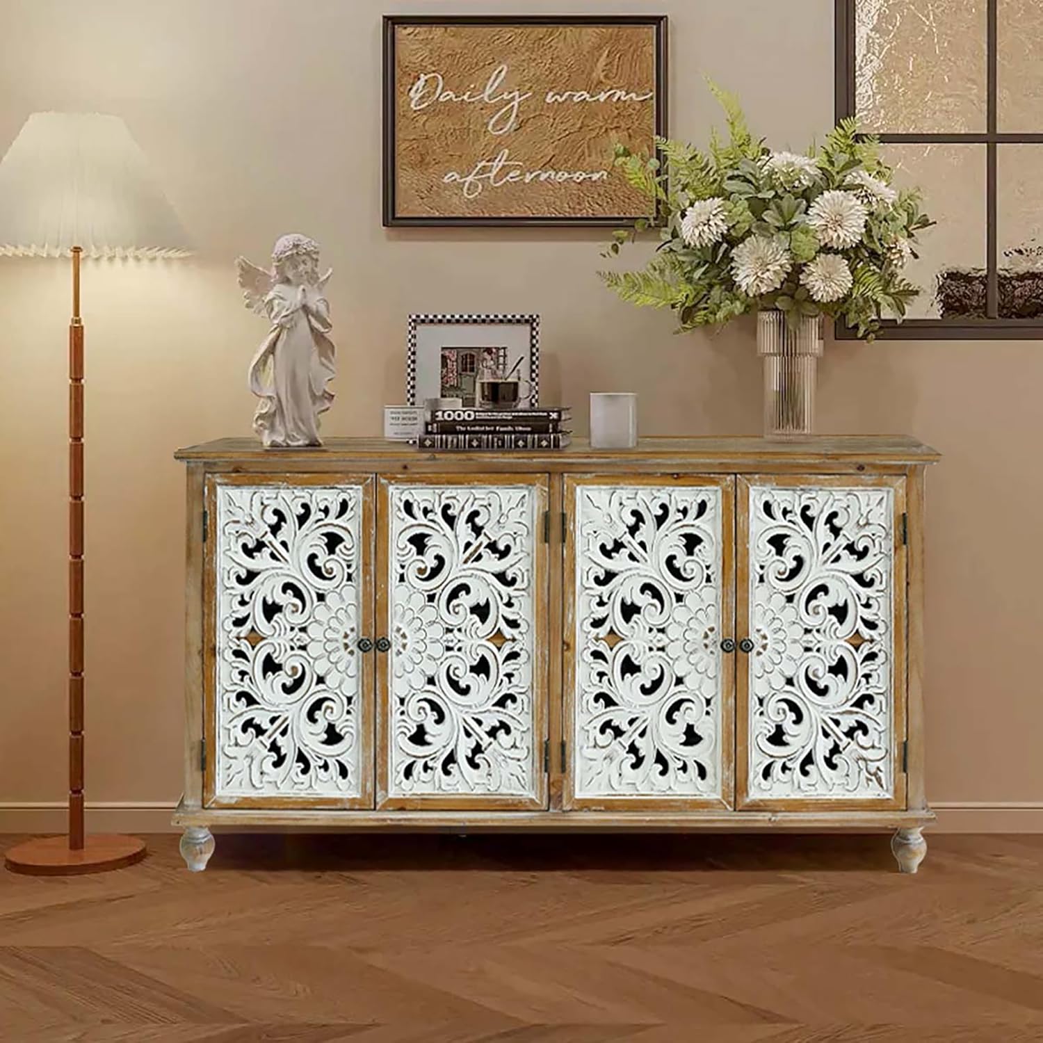 Accent Cabinet with 4 Doors, Wood Carved Floral Storage Sideboard Z52452